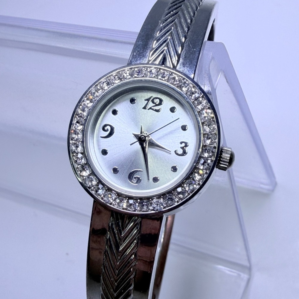 FMD Silver Tone Rhinestone Bezel Chevron Cuff Bangle Watch FMDWS173